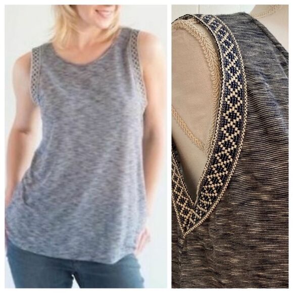 Anthropologie W5 | Women’s Boho Beaded Sleeveless Navy Tank Top Shirt Size S - Picture 1 of 16